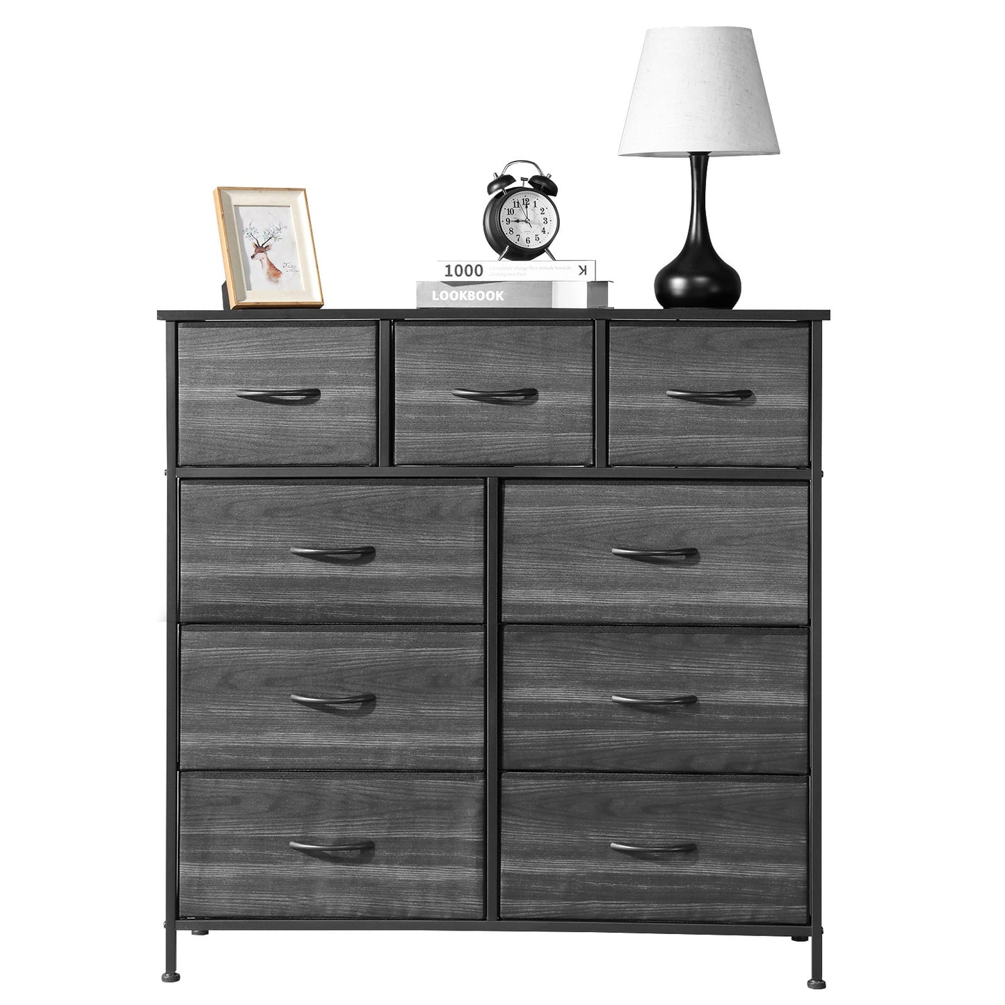 PAPROOS Fabric Dressers for Bedroom, 9 Drawer, Black Wood Grain
