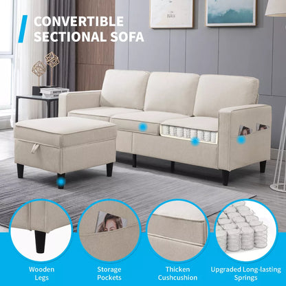 Mjkone Convertible Sectional Sofa Couch, 3-Seat L-Shaped Sofa with Storage Ottoman
