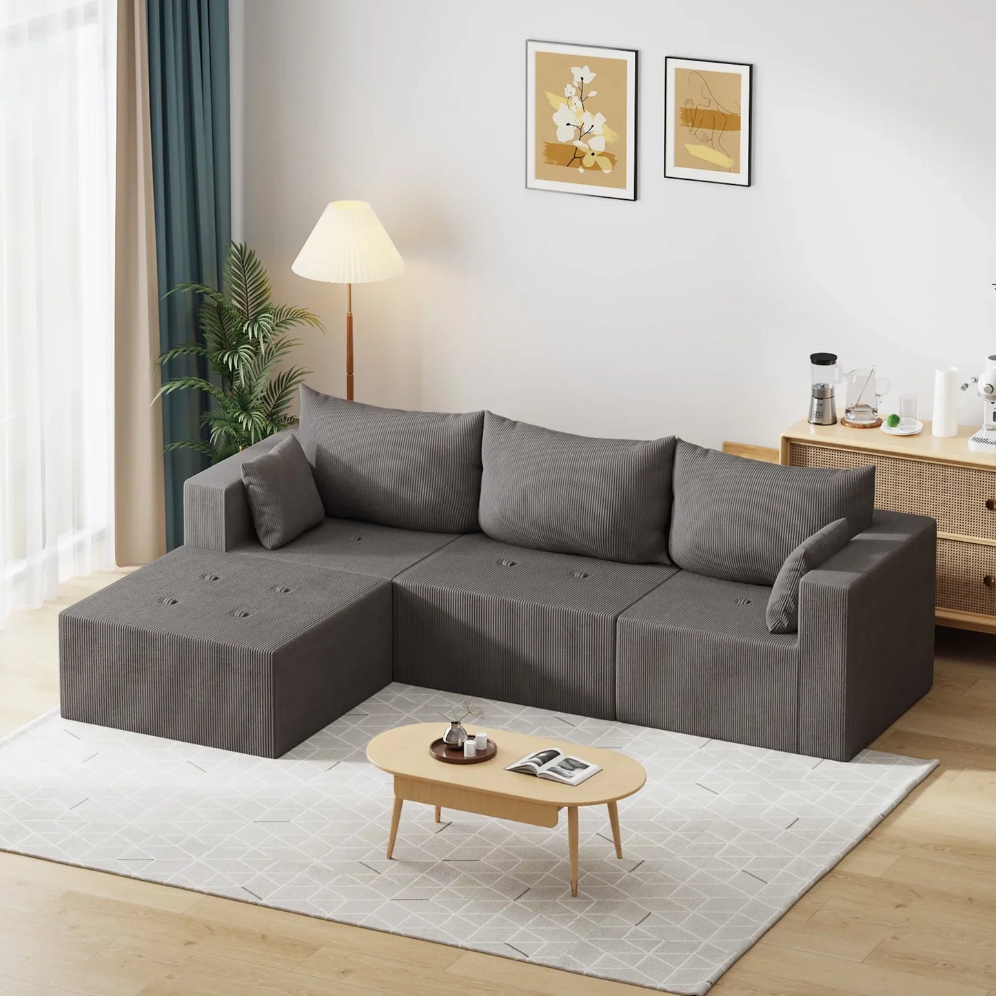 Furniliving 104.25" Modular Sectional Sofa, L-Shape Large Sectional Sofas, Cloud Sectional Sleeper Couch for Living Room, Bedroom, No Assembly Required, Gray