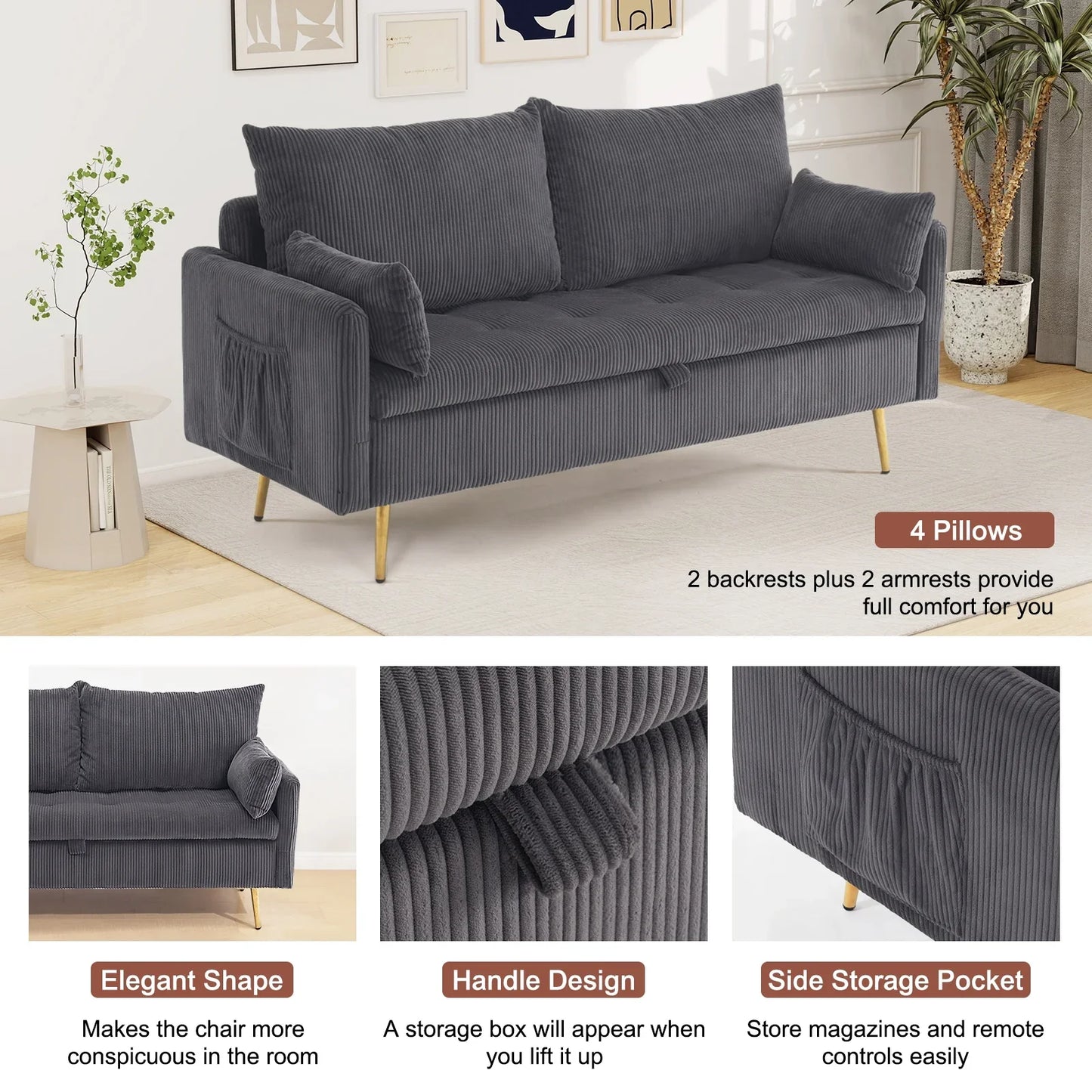 Furniliving 2 Seat Fabric Sofas with 2 Pillow, Modern Small Loveseat Sofa, Upholstered Button Tufted Sofa Couch, Gray