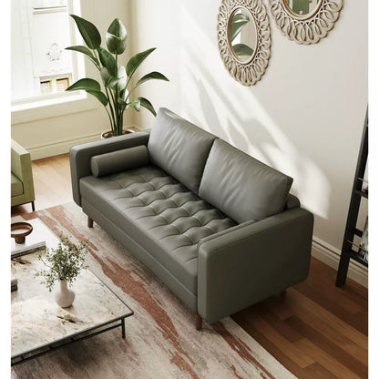 Tree City- 58" Upholstered Mid-Century Modern Faux Leather Square Arm Gray Sofa Loveseat