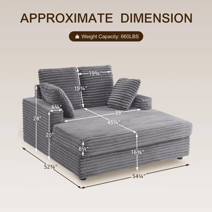 Furniliving Oversized Chaise Lounge Chair Indoor, Upholstered Sofa Bed with Throw Pillows and Armrests, Sleeper Chair for Living Room, Bedroom, Grey