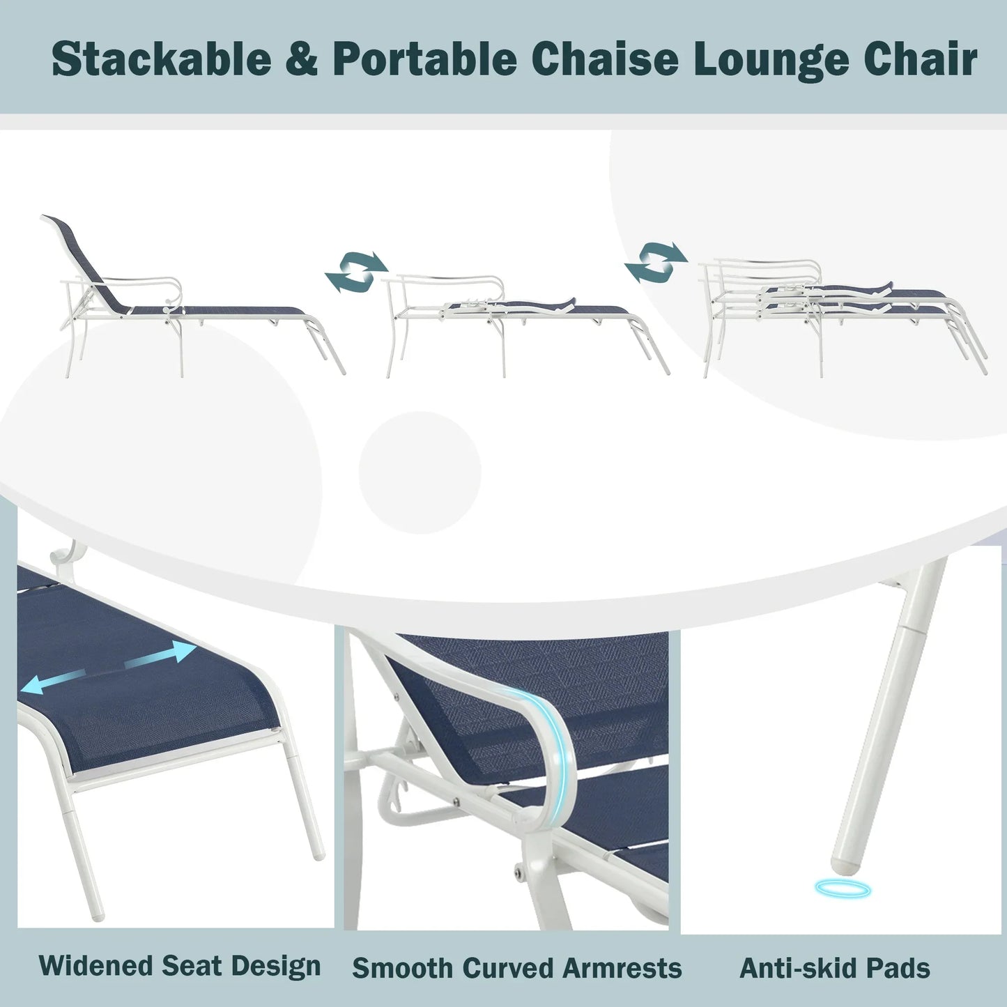 Seizeen Chaise Lounge Chair, 3-Piece Lawn Pool Chair Foldable, Outdoor Textilene Sun Recliner w/ 5 Adjustable Backrest, Heavy-duty Steel Frame, Blue