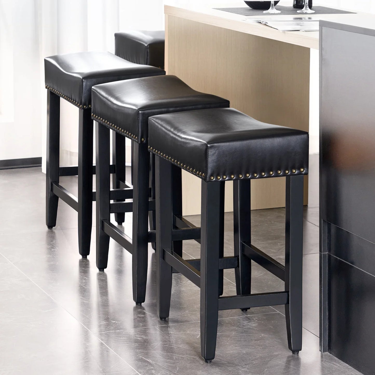 Furniliving Modern Backless Counter Stool Rubber Wood Saddle Seat Stool Kitchen Counter Bar Stool,Set of 2,Black
