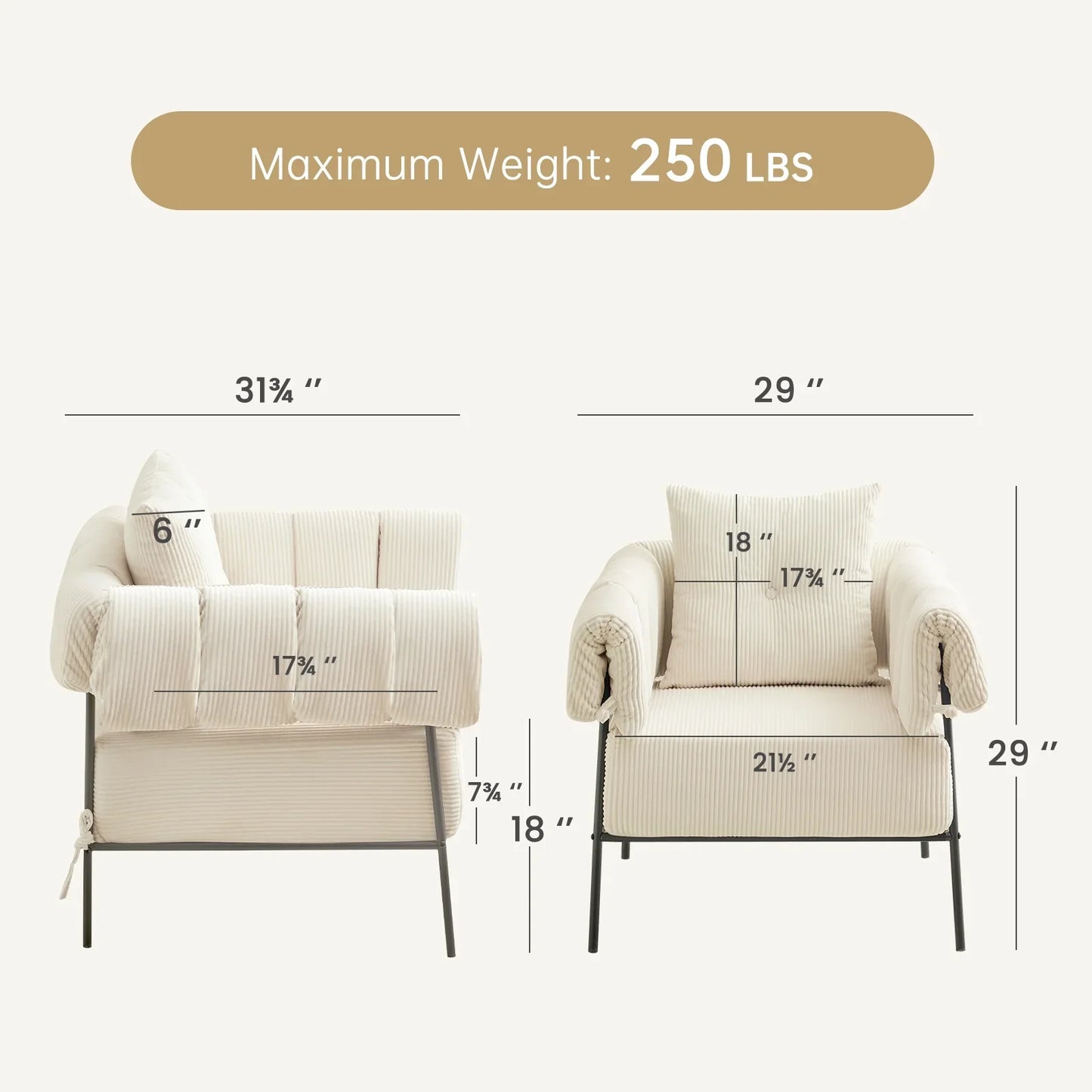 Furniliving Upholstered Accent Chair, Oversized Barrel Armchair with Thicker Seat Cushion and Pillow, Club Chair for Living Room Bedroom Makeup Room, Beige