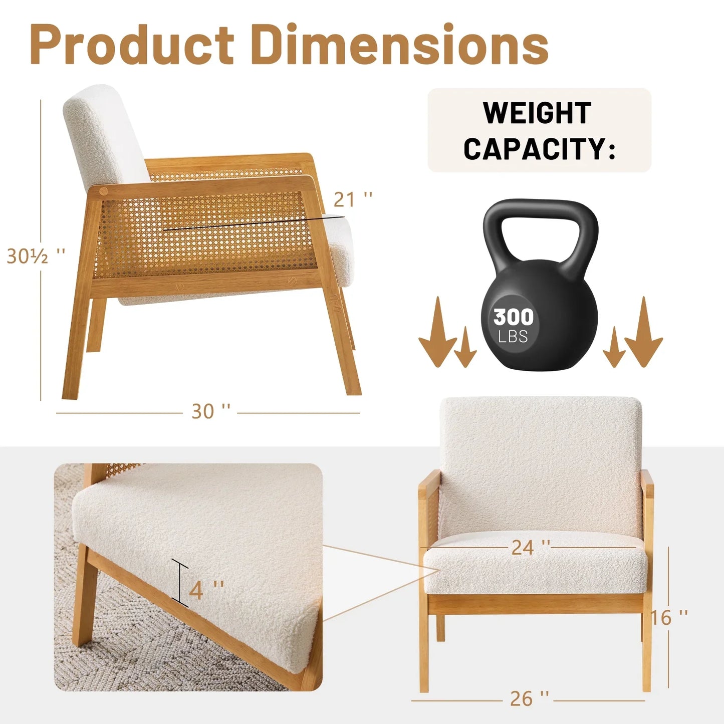 Furniliving Modern Accent Chair, Upholstered Living Room Chair with Rattan Armrest, Reading Leisure Chair, Comfy Arm Chair for Living Room, Bedroom, and Office. (Ivory White)