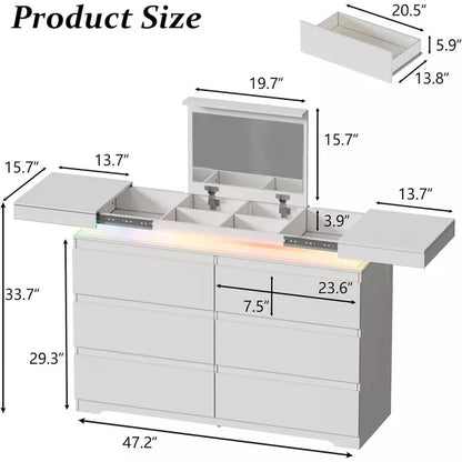 PAKASEPT White Dresser with Mirror for Bedroom, Modern 6 Drawers Dresser with Charging Station & LED Lights, Chest of Drawers with Sliding Desktop