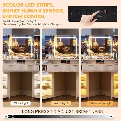 PAKASEPT Corner Vanity with Desk Mirror & Lights, Fluted Makeup Vanity Desk with Glass Top, Charging Station, torage Cabinets & Drawers
