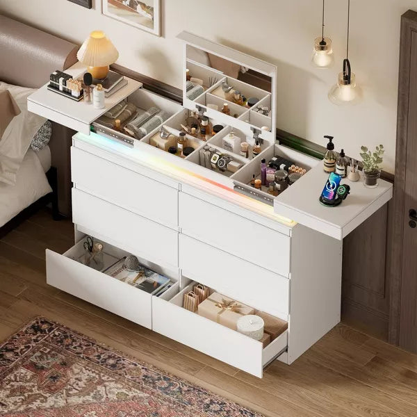 PAKASEPT White Dresser with Mirror for Bedroom, Modern 6 Drawers Dresser with Charging Station & LED Lights, Chest of Drawers with Sliding Desktop