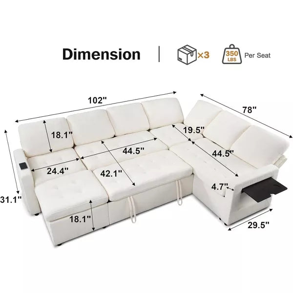 Vipbear 7-Seat Modular Sectional Sleeper Sofa with Pull-Out Bed, Reclining Backrest, USB Ports, Table, LED Lights & Storage Seats,Gray