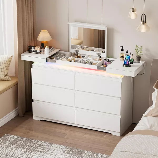 PAKASEPT White Dresser with Mirror for Bedroom, Modern 6 Drawers Dresser with Charging Station & LED Lights, Chest of Drawers with Sliding Desktop