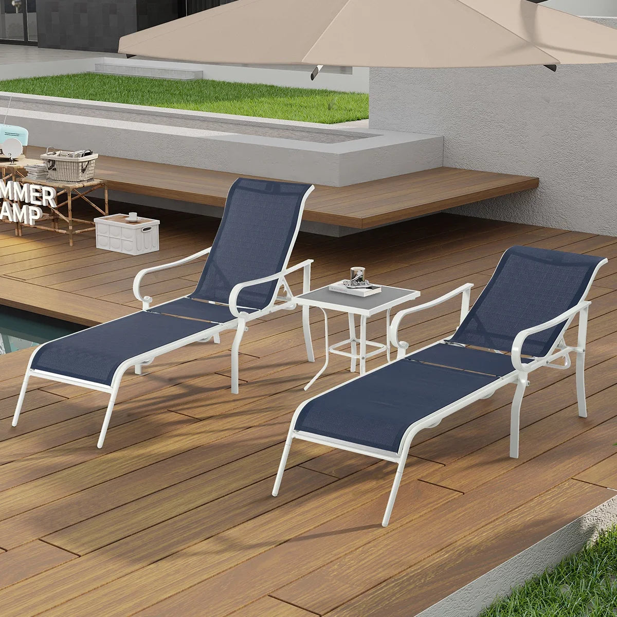 Seizeen Chaise Lounge Chair, 3-Piece Lawn Pool Chair Foldable, Outdoor Textilene Sun Recliner w/ 5 Adjustable Backrest, Heavy-duty Steel Frame, Blue