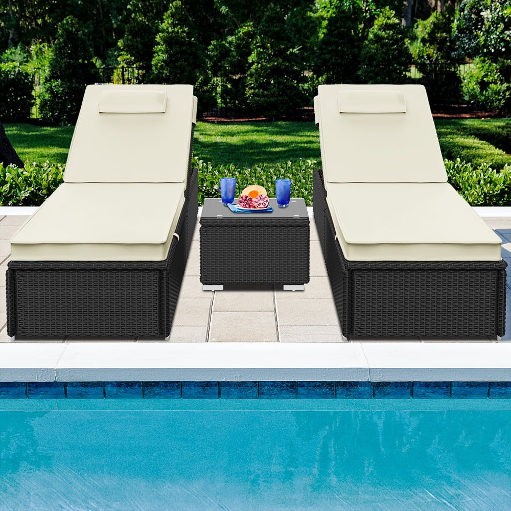 Outdoor Chaise Lounge with Cushions, Seizeen Patio Lounge Chairs Set of 2, All-Weather Rattan Sun Lounger 6 Angles Adjustable, Pool Chair Set with Coffee for Deck Porch Backyard, Beige